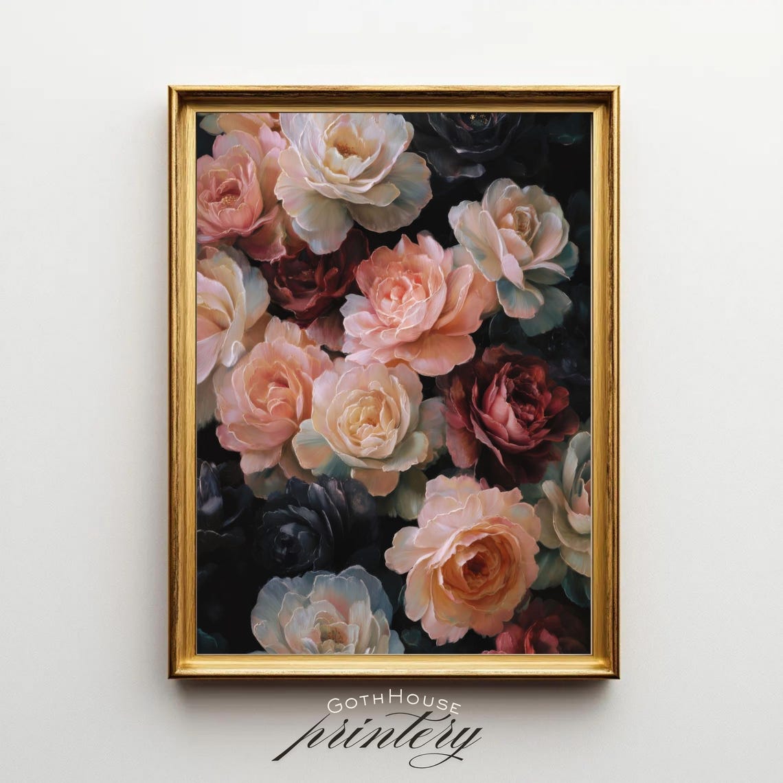 Moody Blush Roses Bouquet on Dark Background Gothic Floral Poster