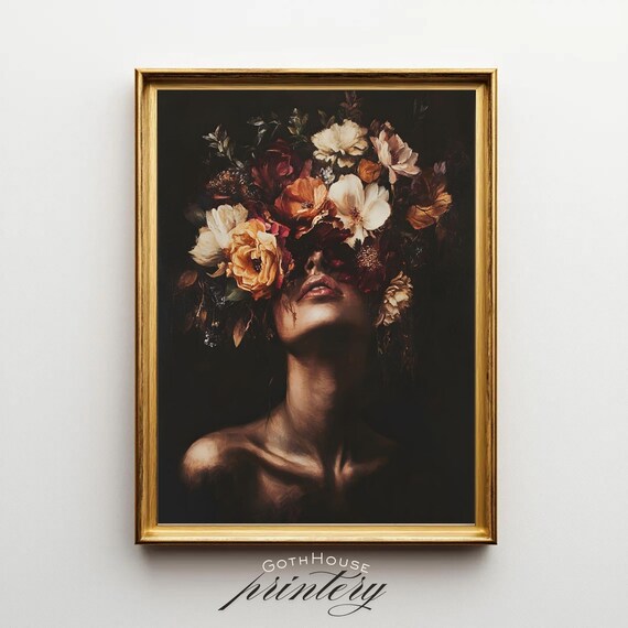 Dark Floral Woman Portrait, Moody Botanical Art Print