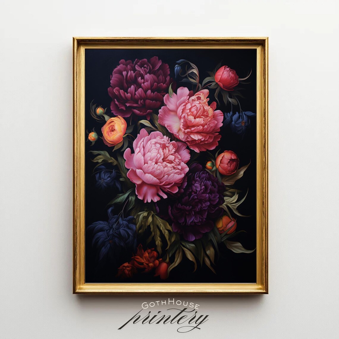 Dark Moody Peony Floral Oil Painting Art Print