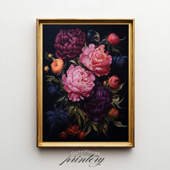 Dark Moody Peony Floral Oil Painting Art Print