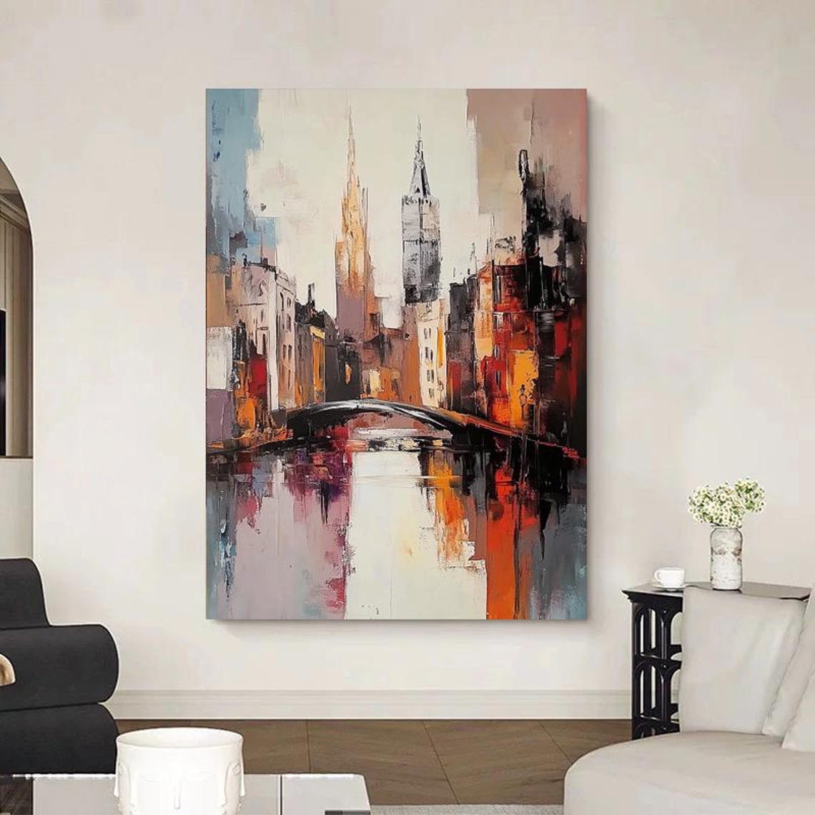 Old Canal City With a Stone Bridge in Warm Sunset Tones Poster