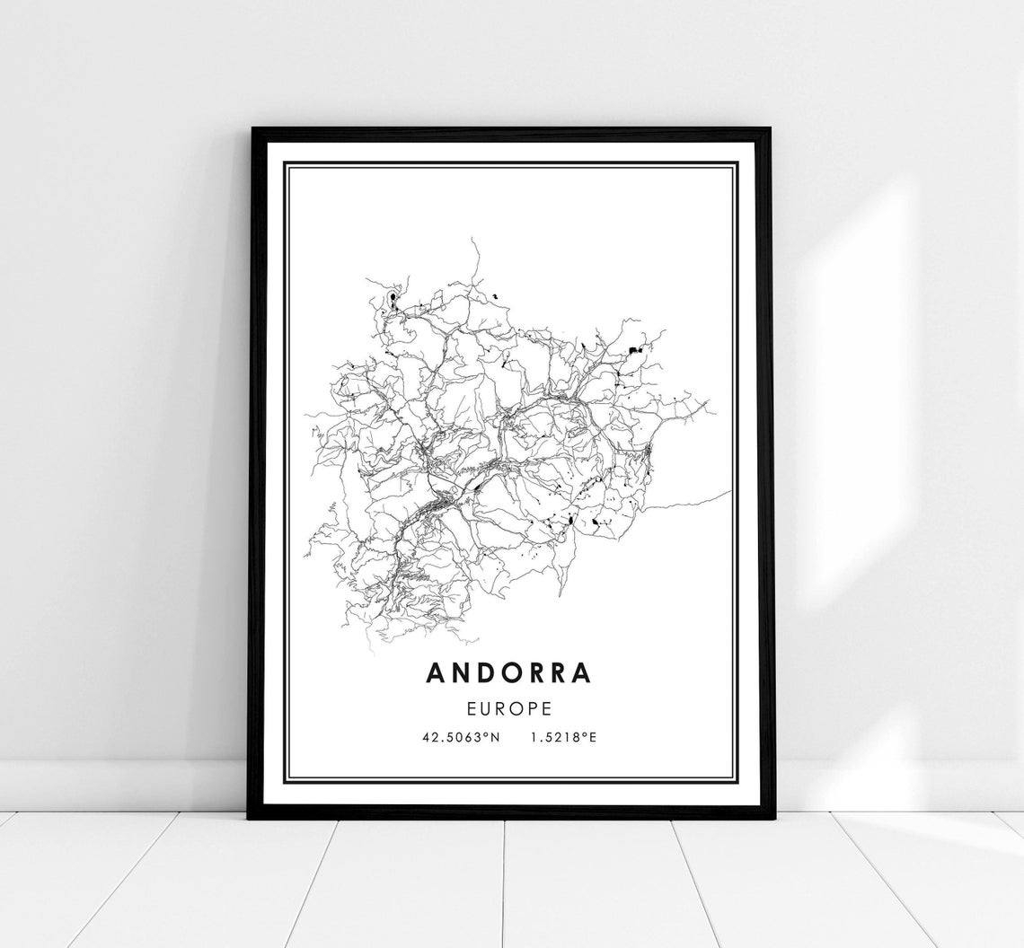 Andorra Country Road Map Minimalist Black White Europe Travel Poster