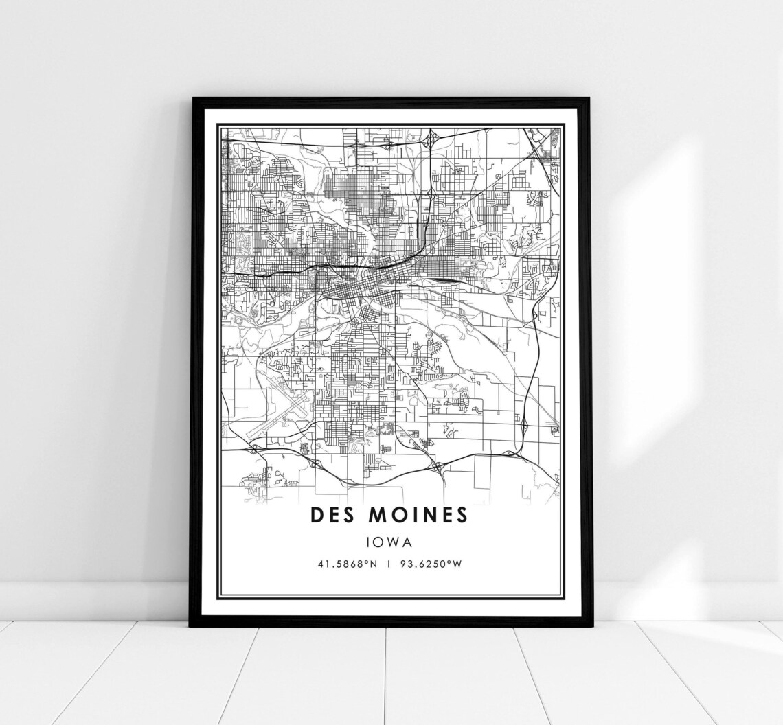 Des Moines Map Print, Iowa City Travel Poster