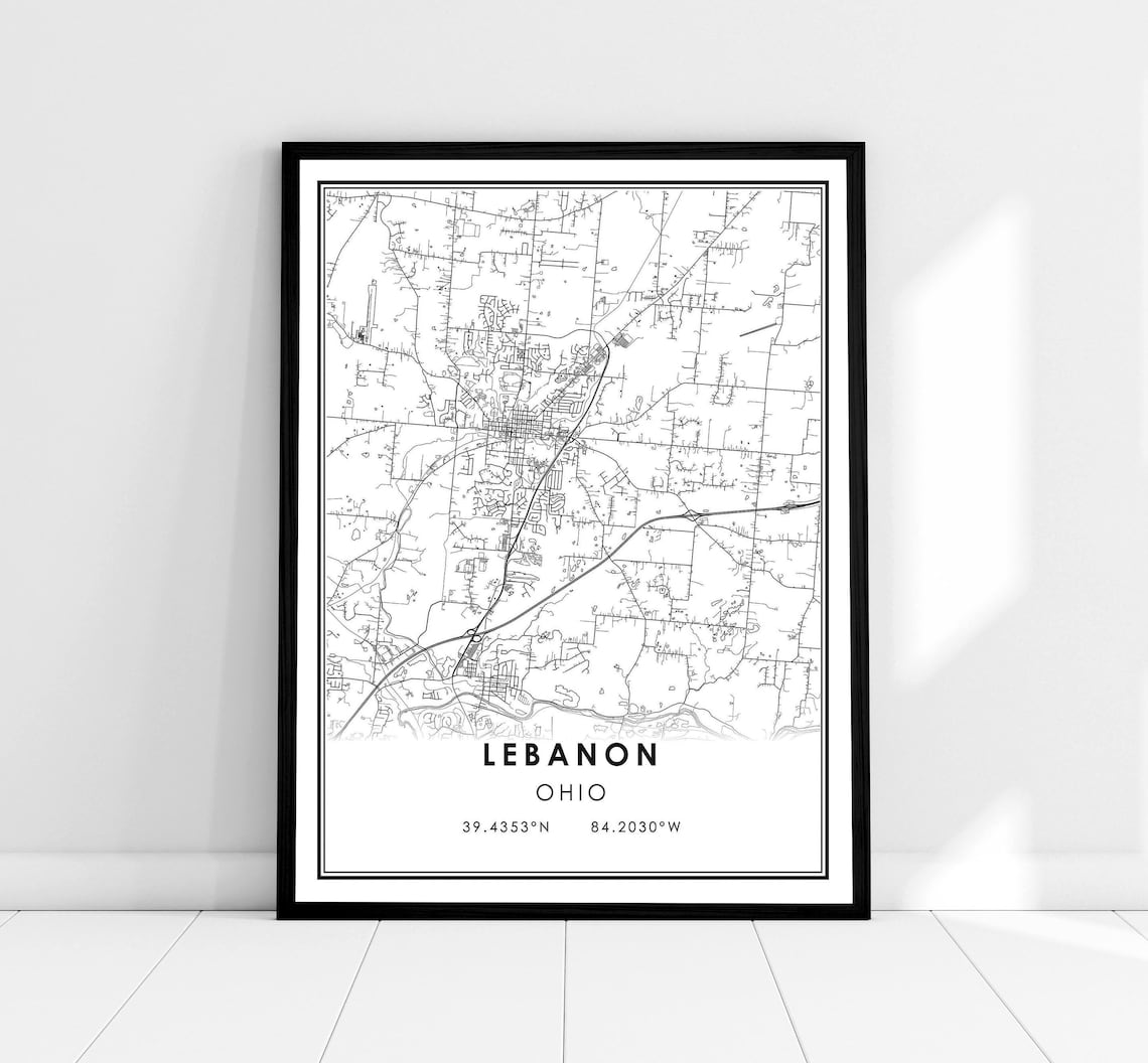 Lebanon Map Poster, Ohio Road Travel Art Print