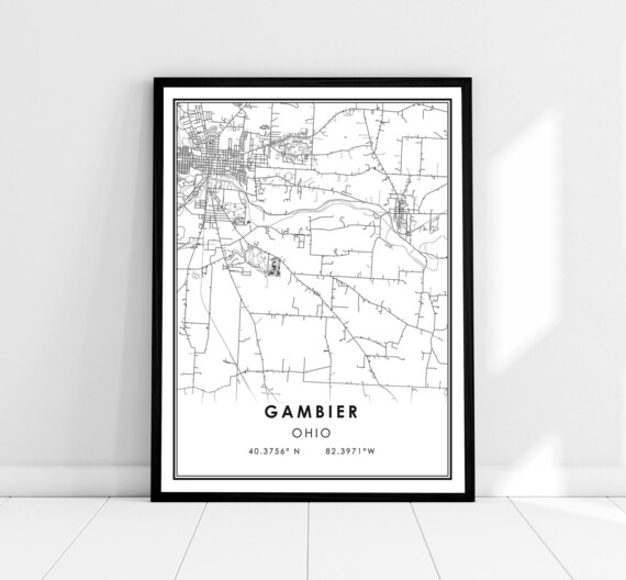 Gambier Ohio Minimalist Black and White City Street Map Wall Art