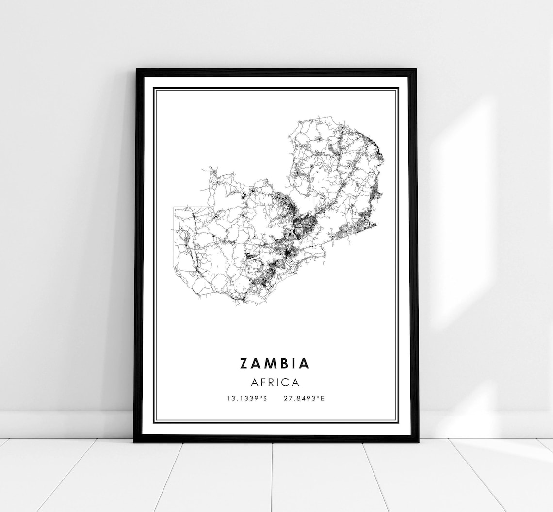 Zambia Map Travel Poster, Africa Country Road