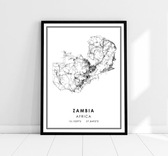 Zambia Map Travel Poster, Africa Country Road