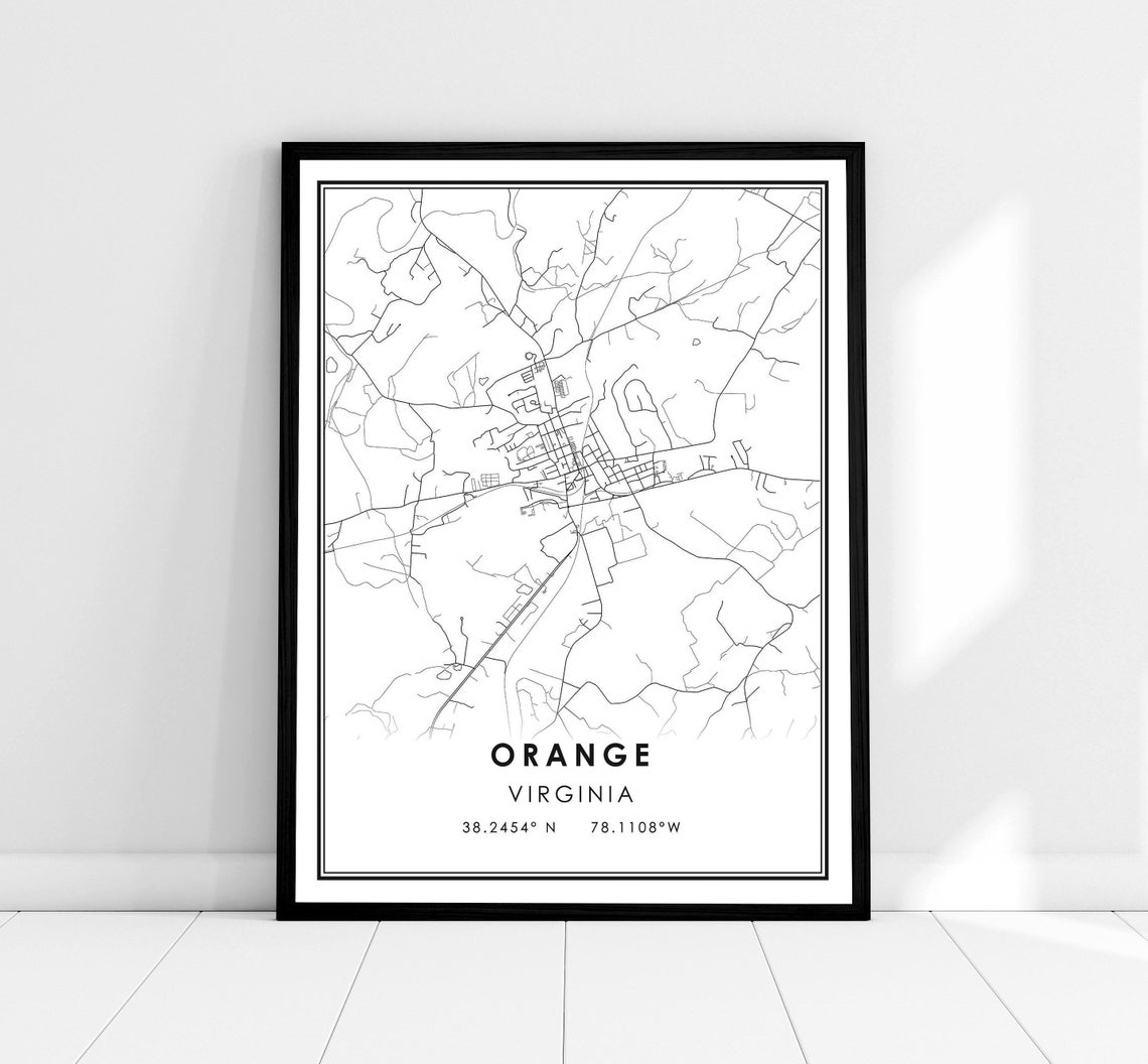 Orange Virginia Minimalist Black Line City Street Map Art Poster
