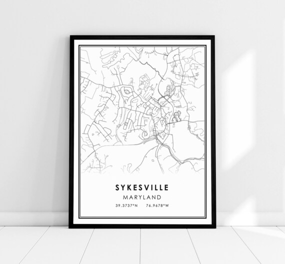 Sykesville Maryland Minimalist Monochrome City Street Map Print
