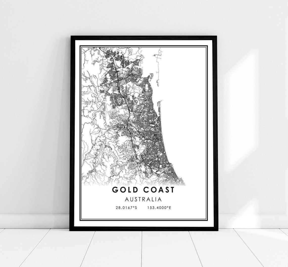 Gold Coast Australia Minimalist Black and White City Street Map Poster