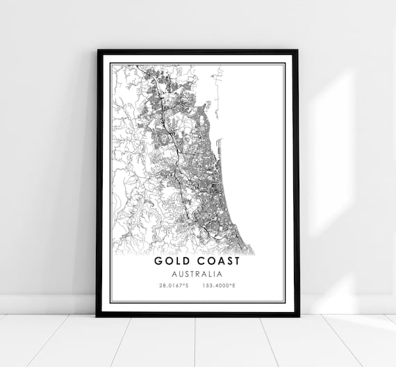 Gold Coast Australia Minimalist Black and White City Street Map Poster