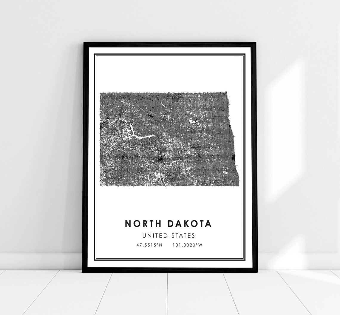 North Dakota Map Art Print, United States Road