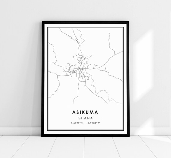Asikuma Ghana Minimalist Black And White City Street Map Poster