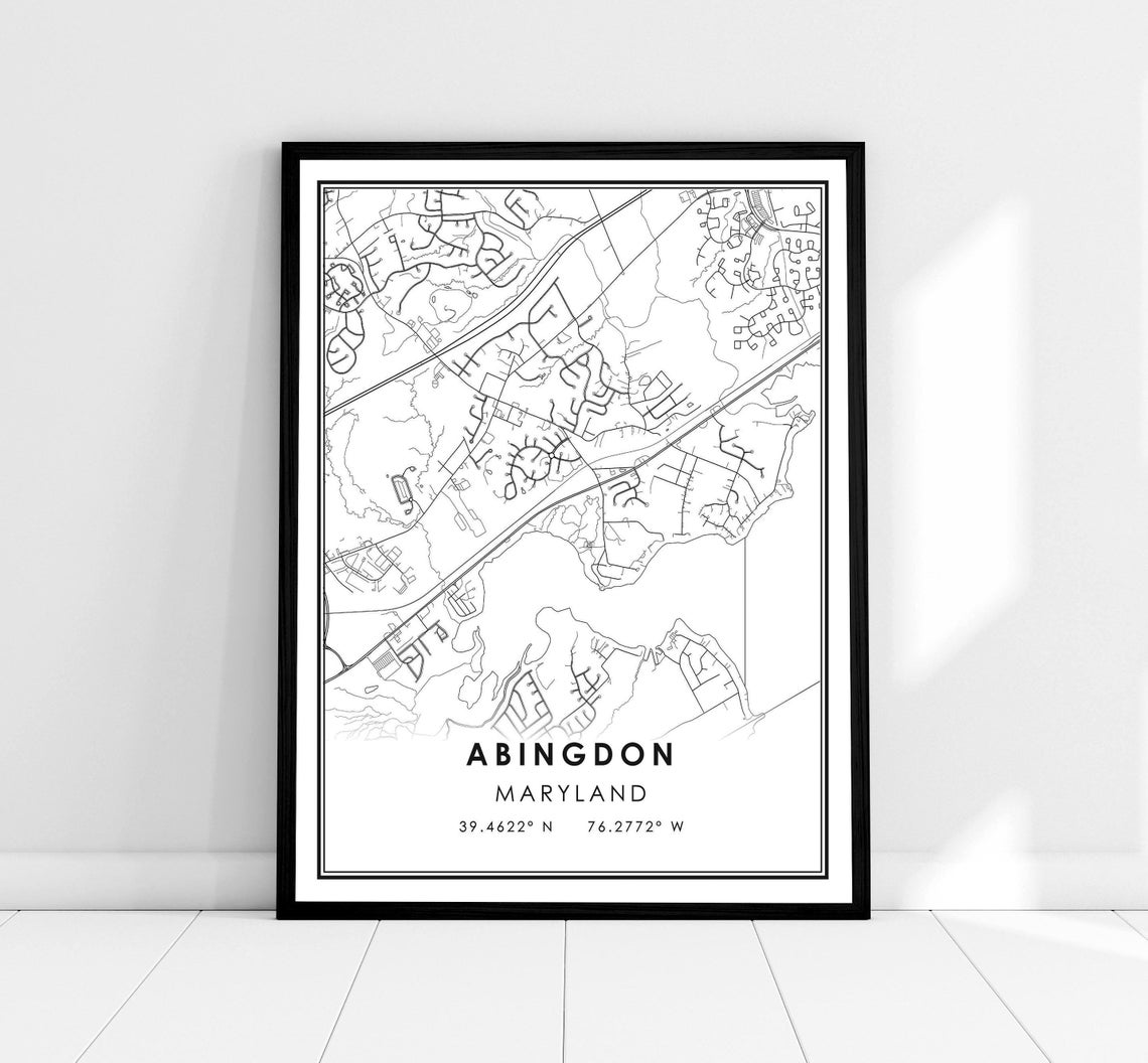 Abingdon Maryland Minimalist Black White Street Map Vintage Poster