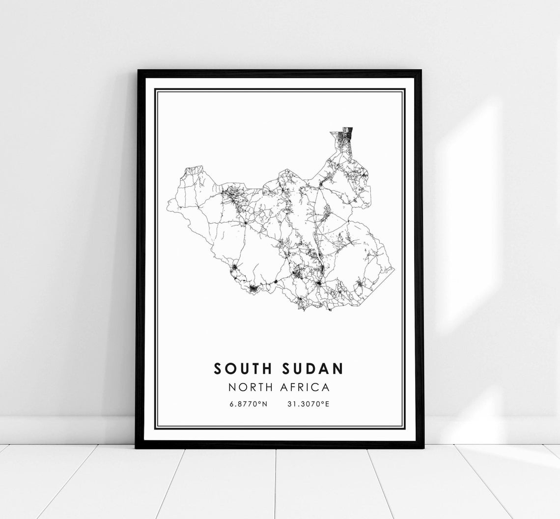 South Sudan North Africa Country Black Line Map Outline Poster