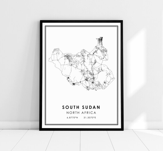 South Sudan North Africa Country Black Line Map Outline Poster