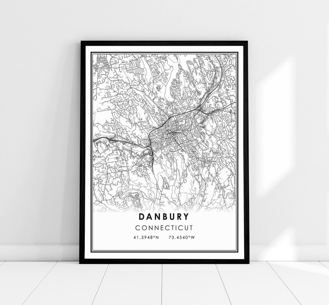 Danbury Connecticut Street Map With Coordinates Minimalist Poster