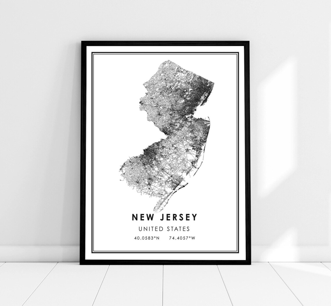 New Jersey Us Map Poster, Road Style Art Print