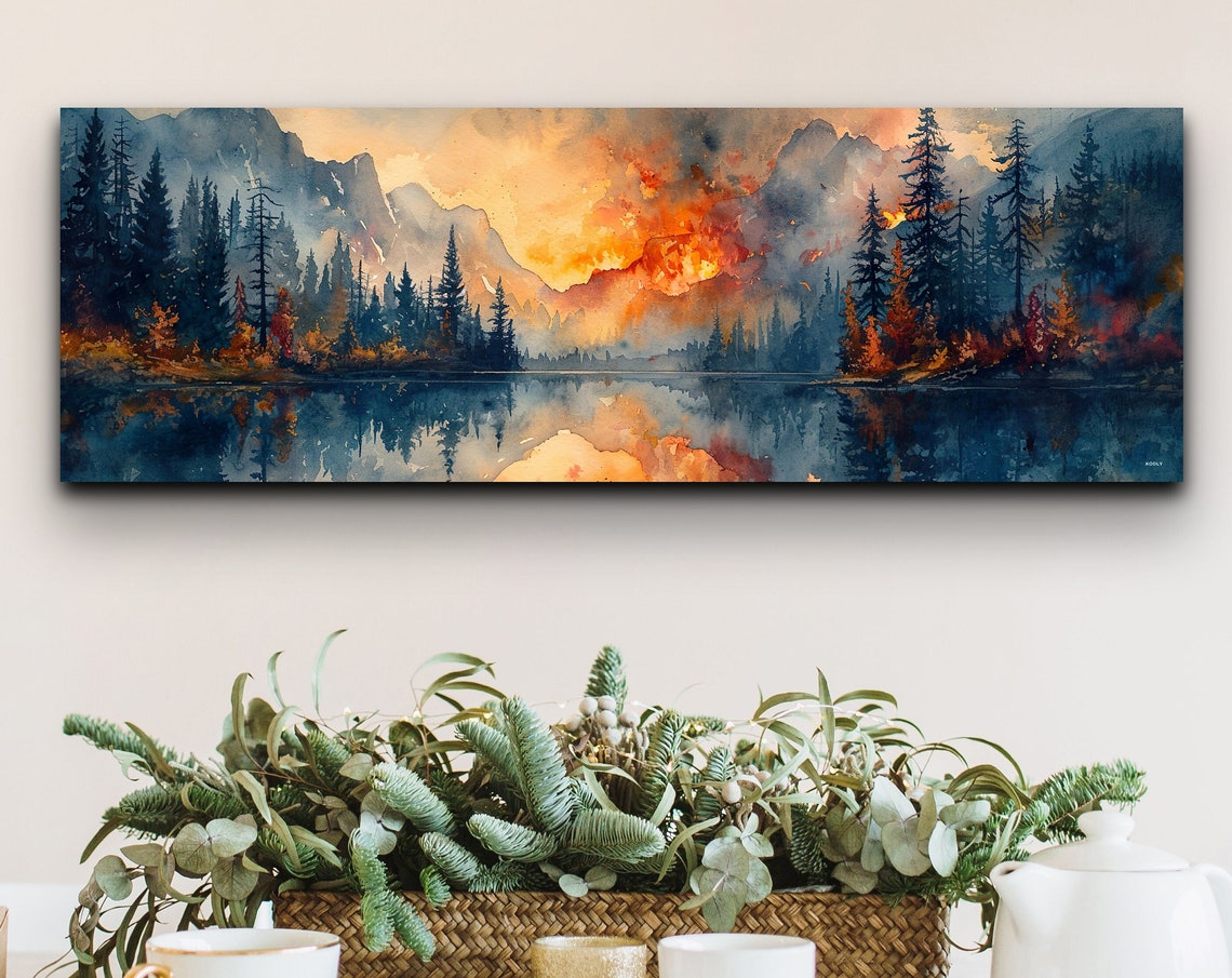 Panoramic Watercolor Lake Pine Forest Fiery Sky Reflection Wall Art