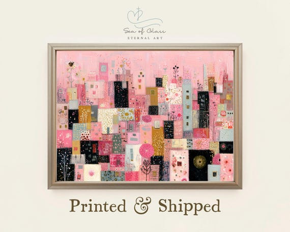 Pink Abstract Cityscape Print Whimsical Girl Nursery Wall Art