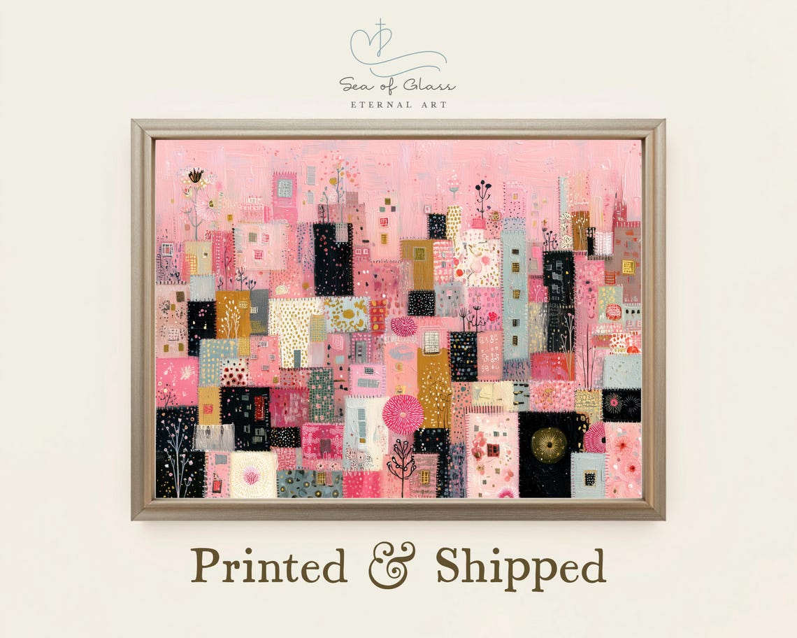 Pink Abstract Cityscape Print Whimsical Girl Nursery Wall Art