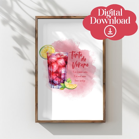 Tinto De Verano Recipe Watercolor Cocktail Bar Decor Summer Poster