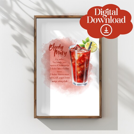 Bloody Mary Cocktail Recipe Watercolor Kitchen Bar Wall Poster