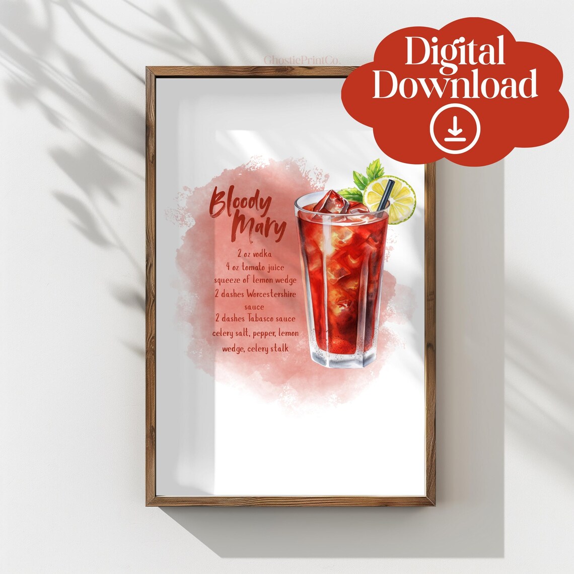 Bloody Mary Cocktail Recipe Watercolor Kitchen Bar Wall Poster