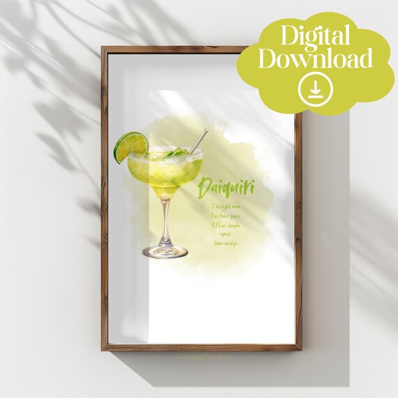 Daiquiri Classic Cocktail Recipe Watercolor Lime Rum Home Bar Poster