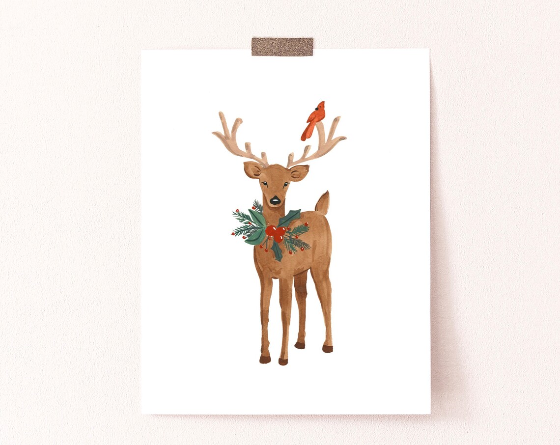 Watercolor Reindeer Christmas Art Print, Sabina Fenn