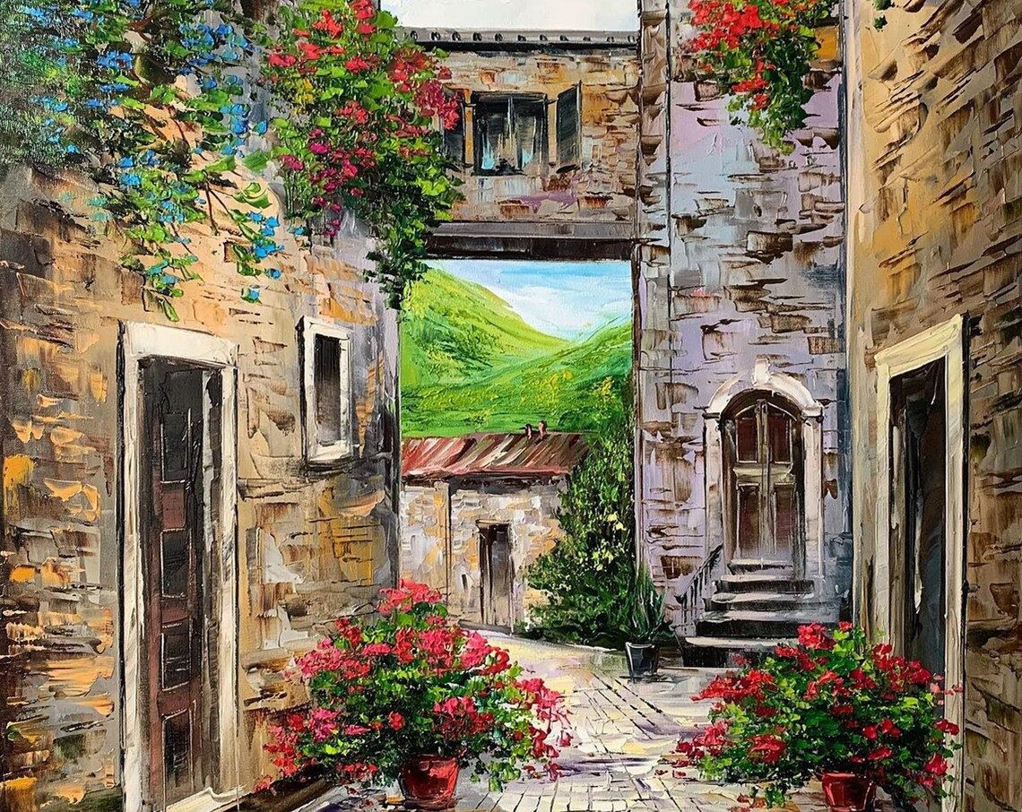 Italian Village Stone Archway Courtyard Geraniums Oil Painting Poster