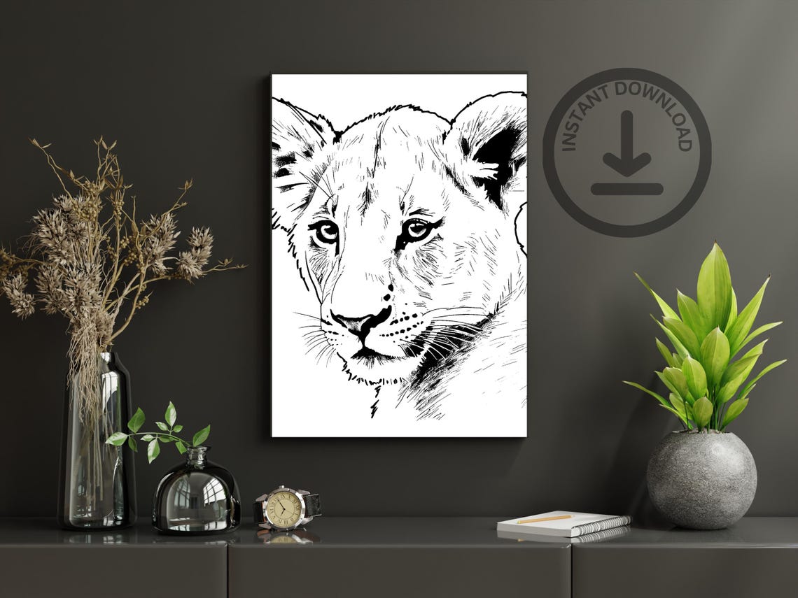 Lion Cub Sketch Black White Line Drawing Modern Wildlife Art Poster