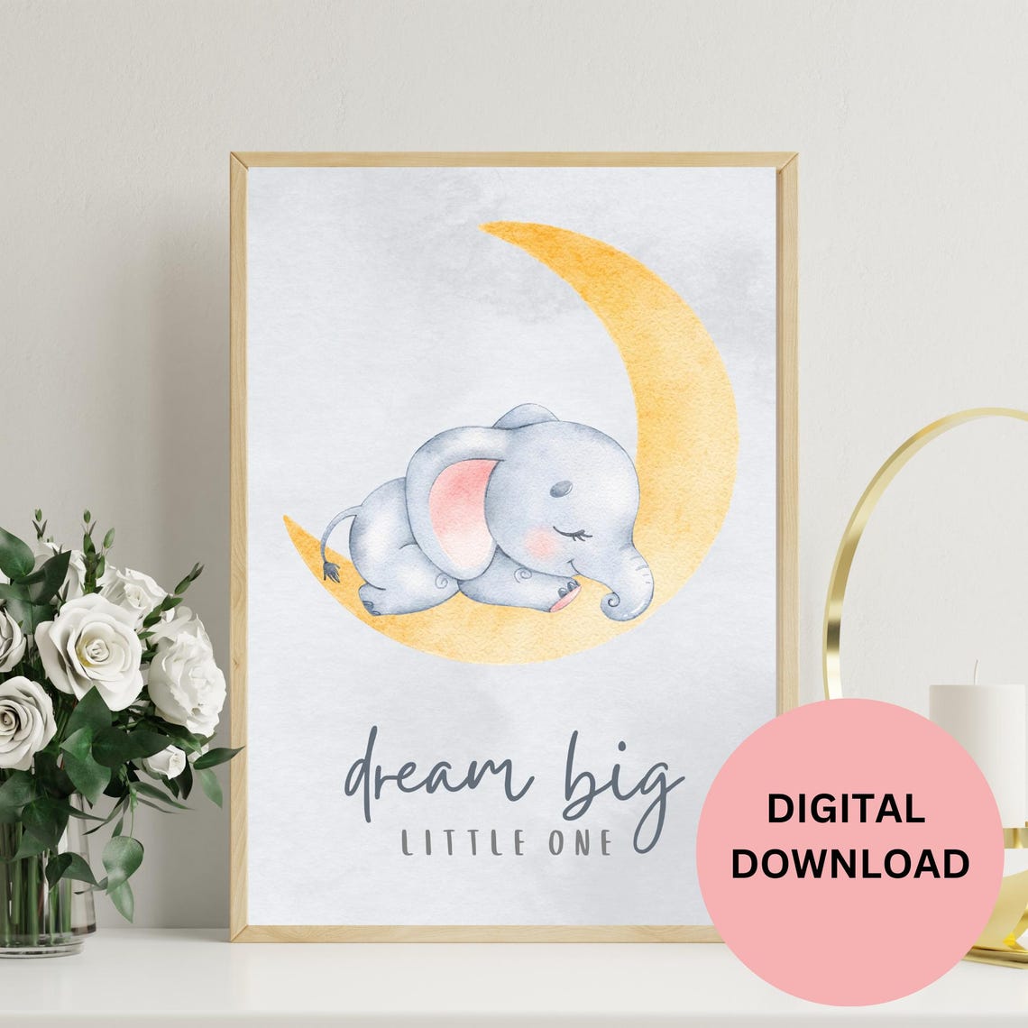 Dream Big Little One Sleeping Elephant Moon Watercolor Nursery Print - Image 3