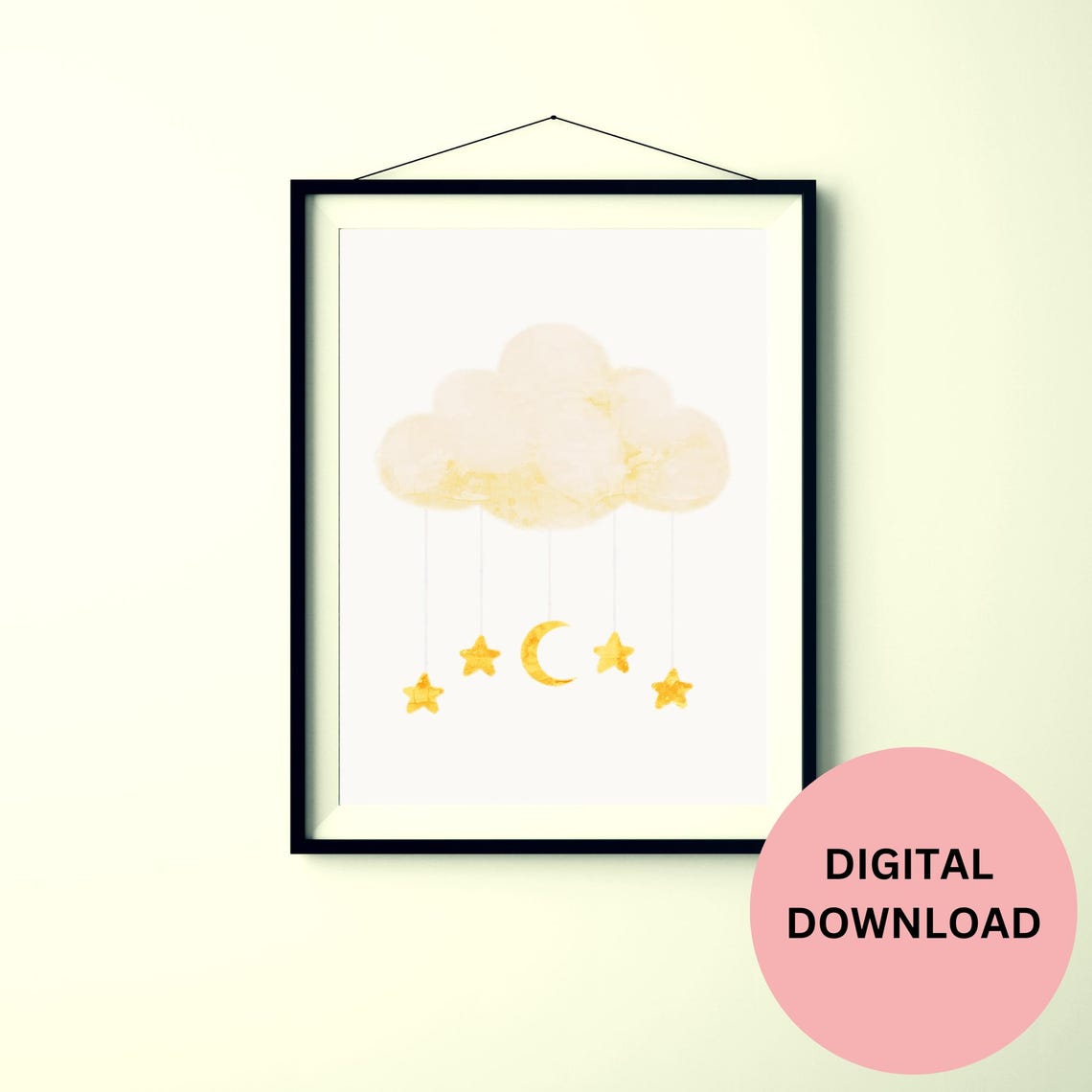 Watercolor Cloud With Gold Stars and Moon Hanging Mobile Art Print