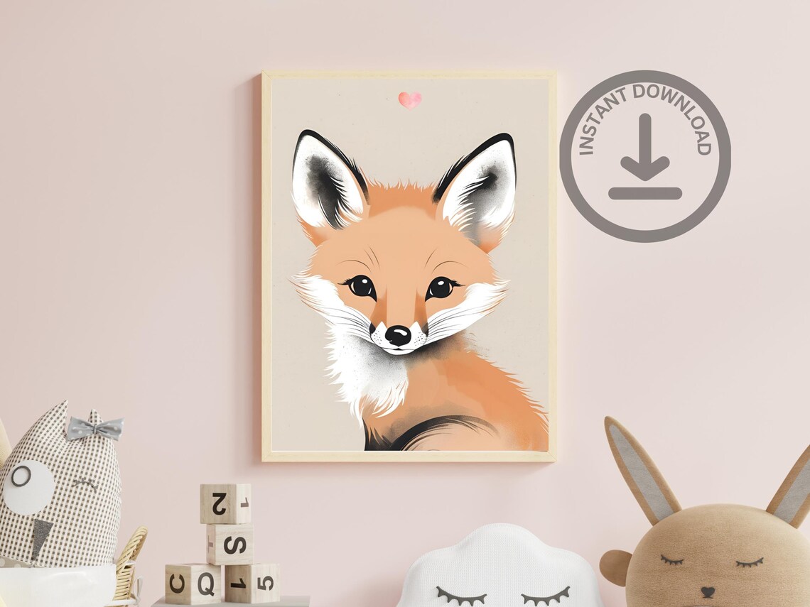 Baby Fox Portrait Watercolor Cute Orange Woodland Nursery Poster