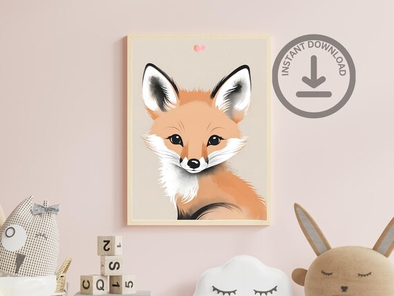 Baby Fox Portrait Watercolor Cute Orange Woodland Nursery Poster
