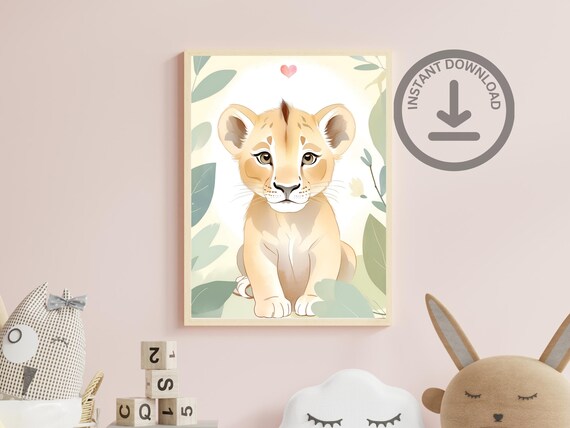 Cute Baby Shower Gift Lion Cub Portrait Wall Art Nursery Decor Minimalist Baby Animal Art For Kids Wildlife Theme Room