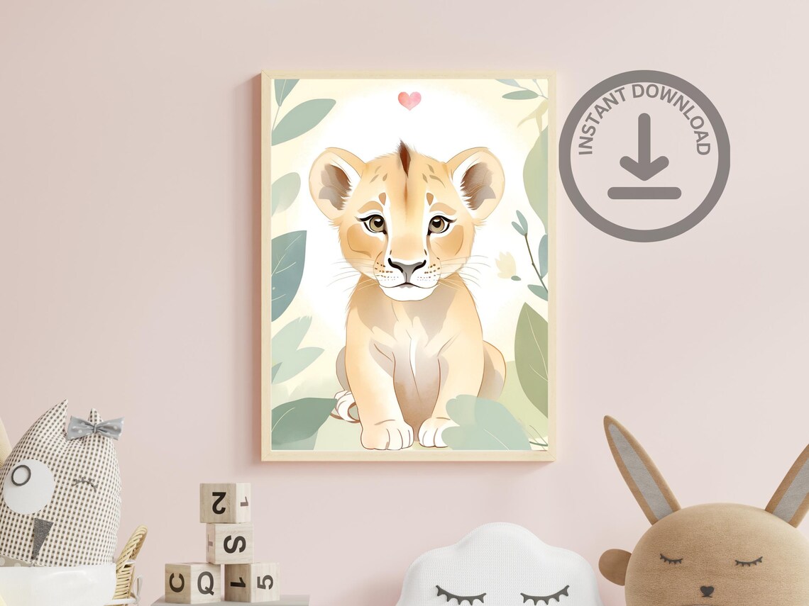 Baby Lion Cub Watercolor Portrait Cute Safari Nursery Art Poster