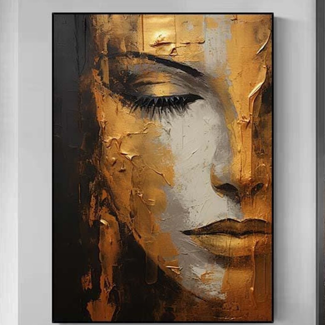 Abstract Gold Textured Portrait, Handmade Oil Painting