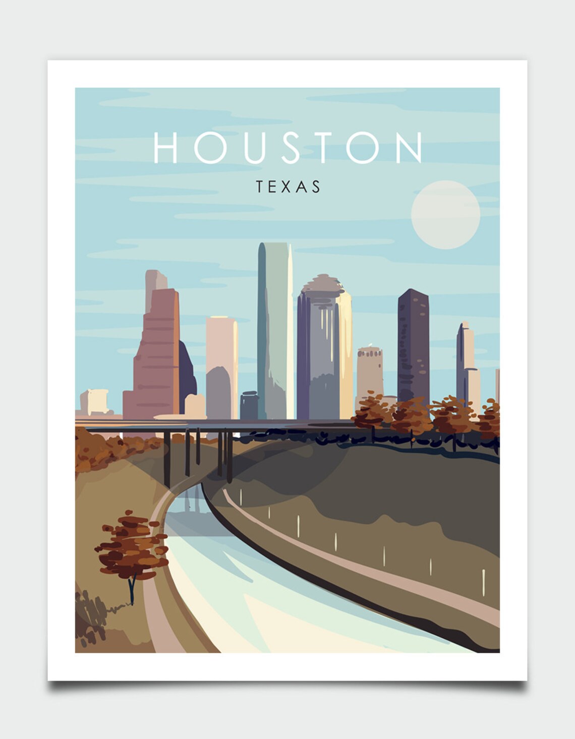 Houston Texas Skyline Bayou Bridge Sunset Retro Travel Poster - Image 3