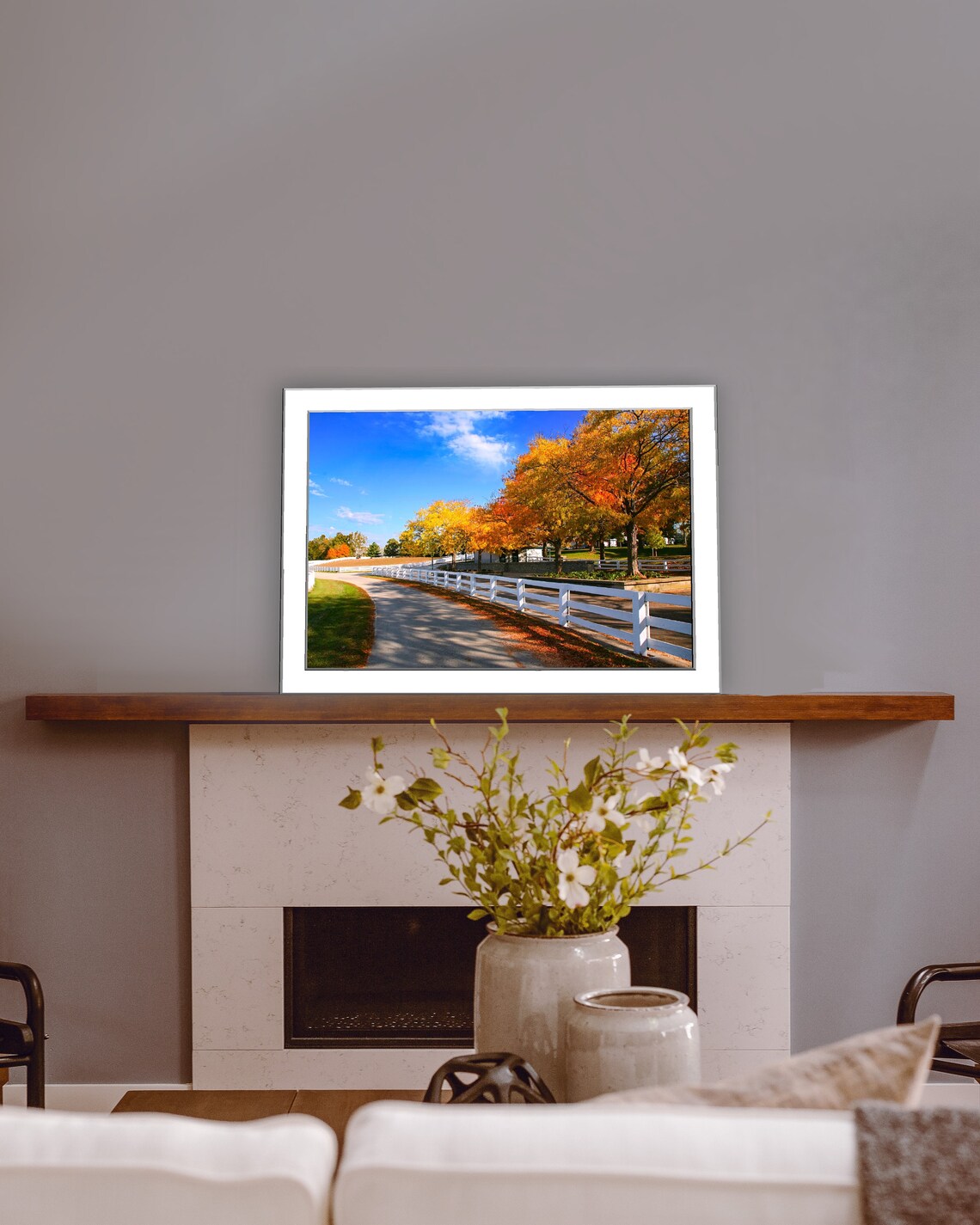 White Fence Horse Farm Lane with Golden Autumn Trees Photo Poster - Image 4