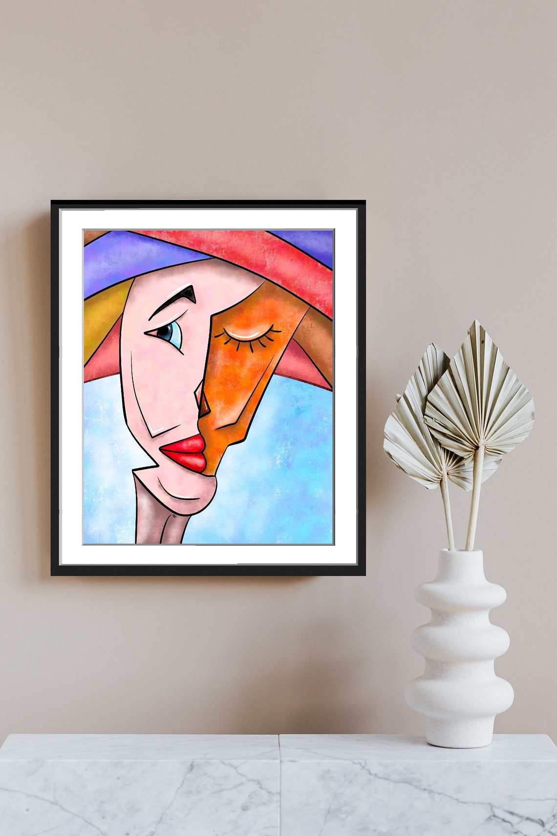 Cubist Split Face Woman Red Lips Orange Blue Abstract Poster