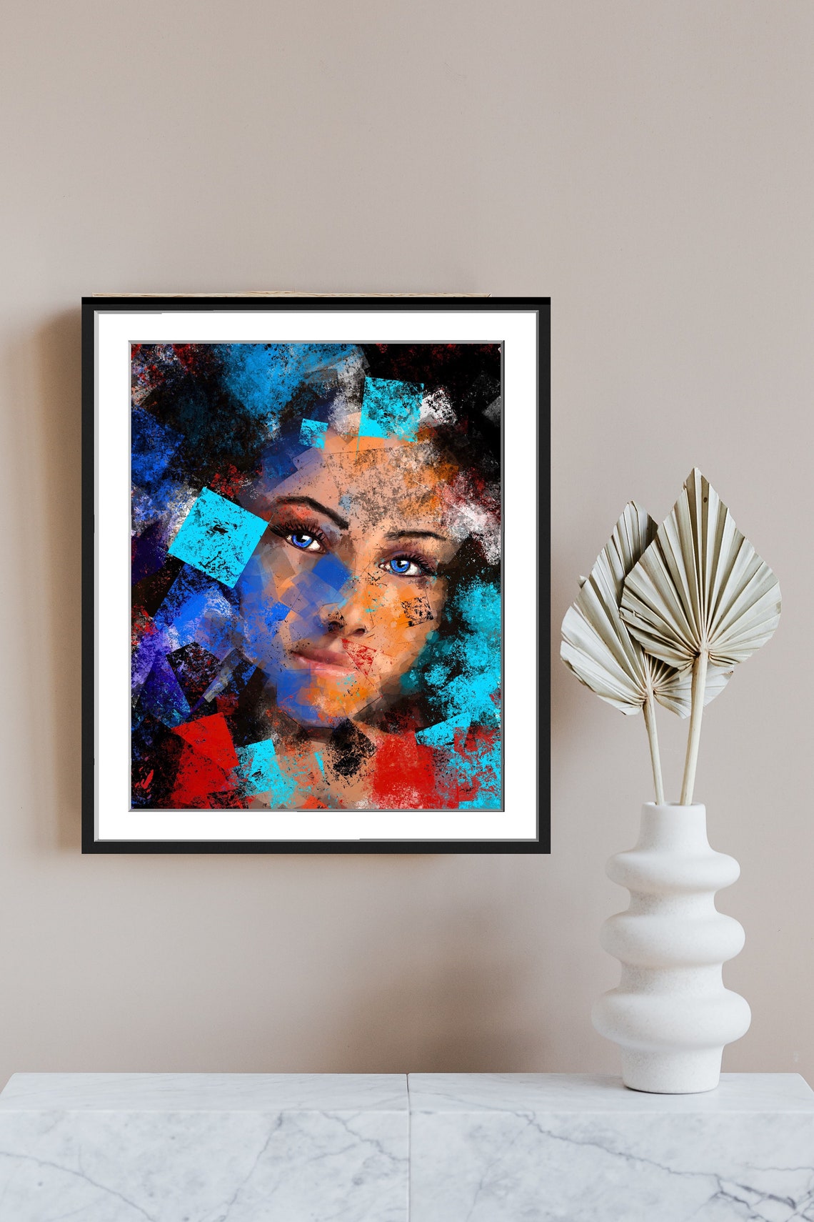 Abstract Womans Face Blue Red Geometric Grunge Fragments Poster