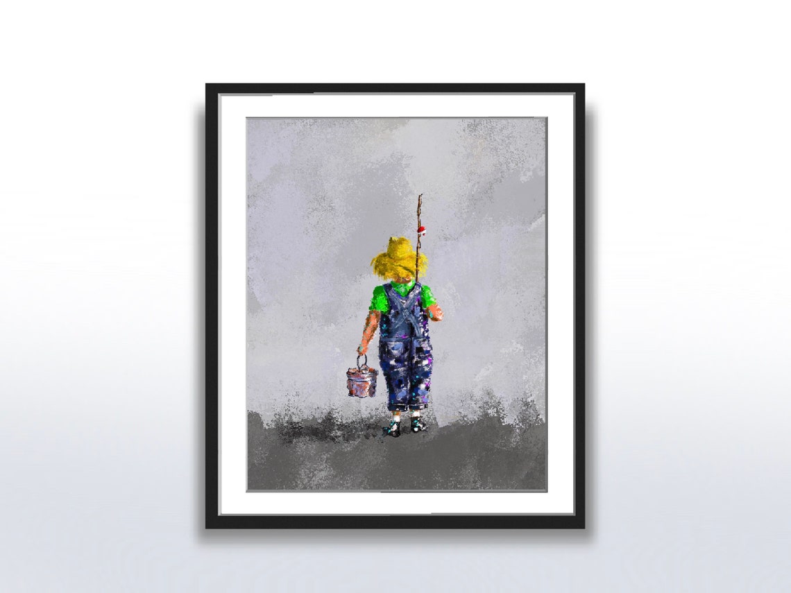 Boy In Overalls Going Fishing With Bucket Impressionist Poster