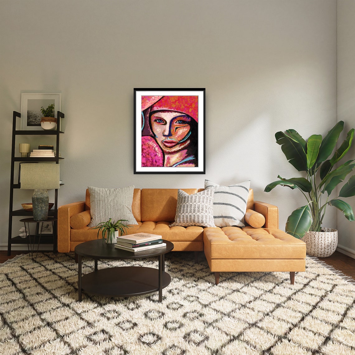 Cubist Womans Face Red Hat Blue Eyes Colorful Abstract Poster - Image 2
