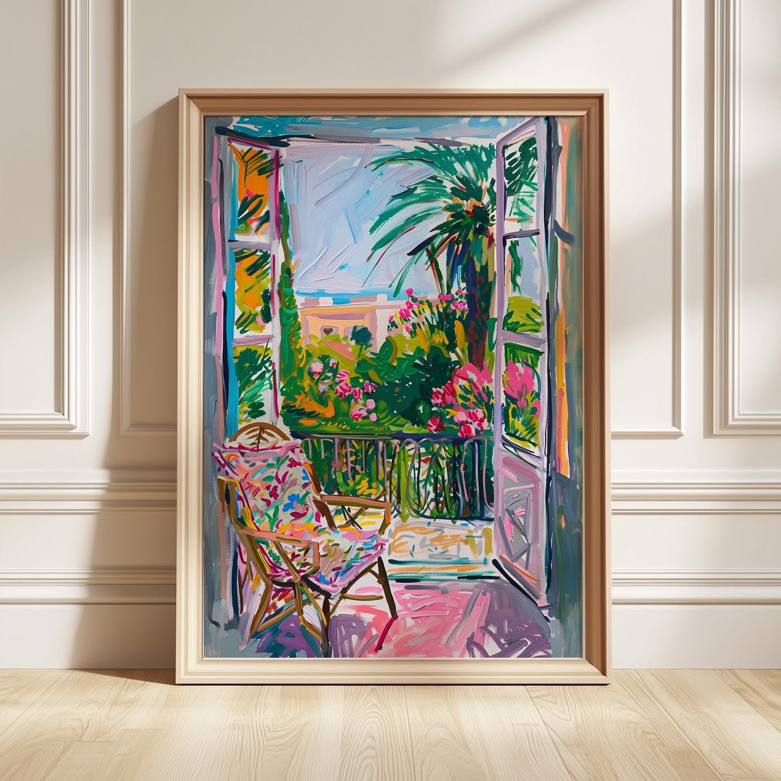 Coastal Window View Art Print, Mediterranean Gouache Painting