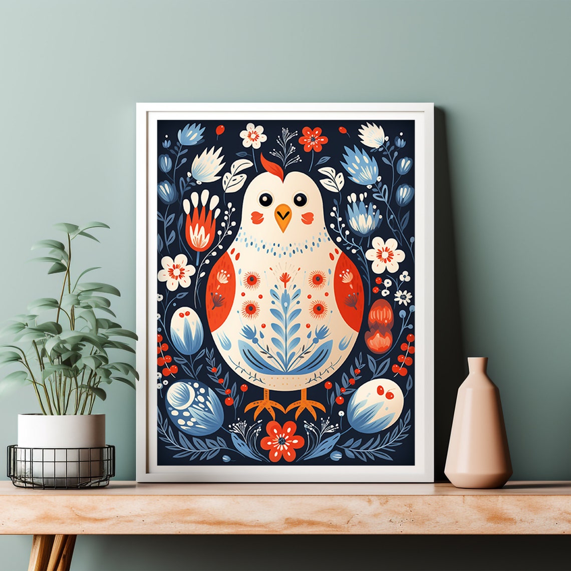 Scandinavian Folk Art Rooster Floral Navy Colorful Kitchen Art Print - Image 4
