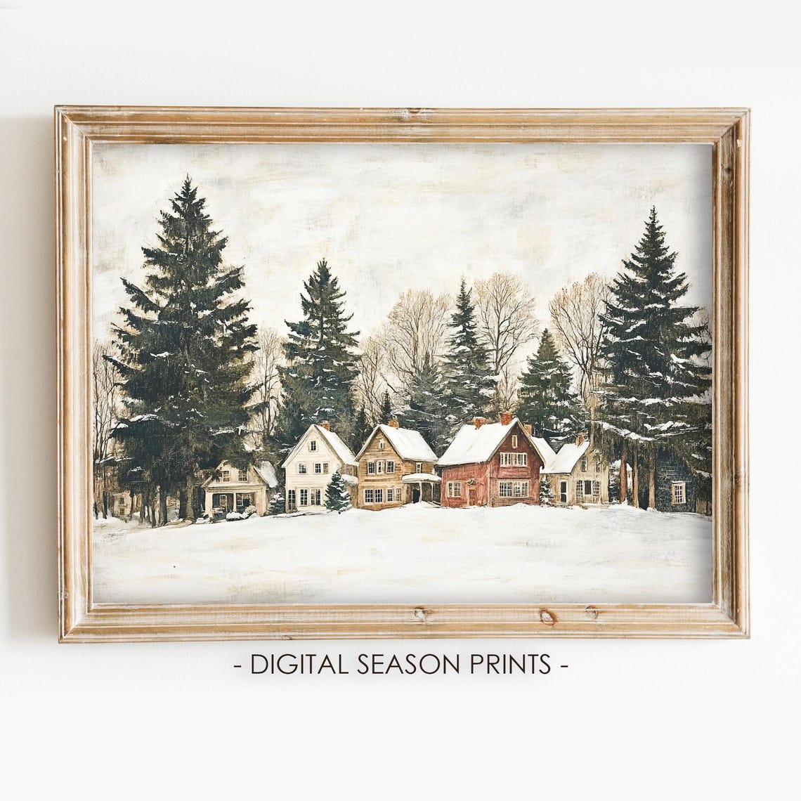 Charming Snowy Village Houses Tall Pines Rustic Winter Poster