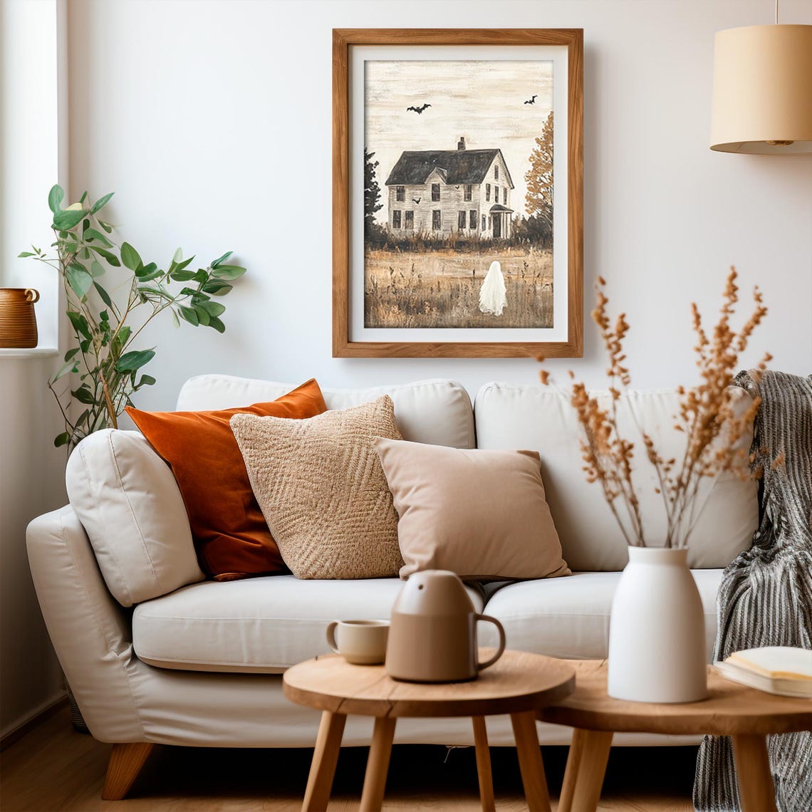 Haunted Farmhouse with Bats and a Lone Ghost Vintage Halloween Poster - Image 3