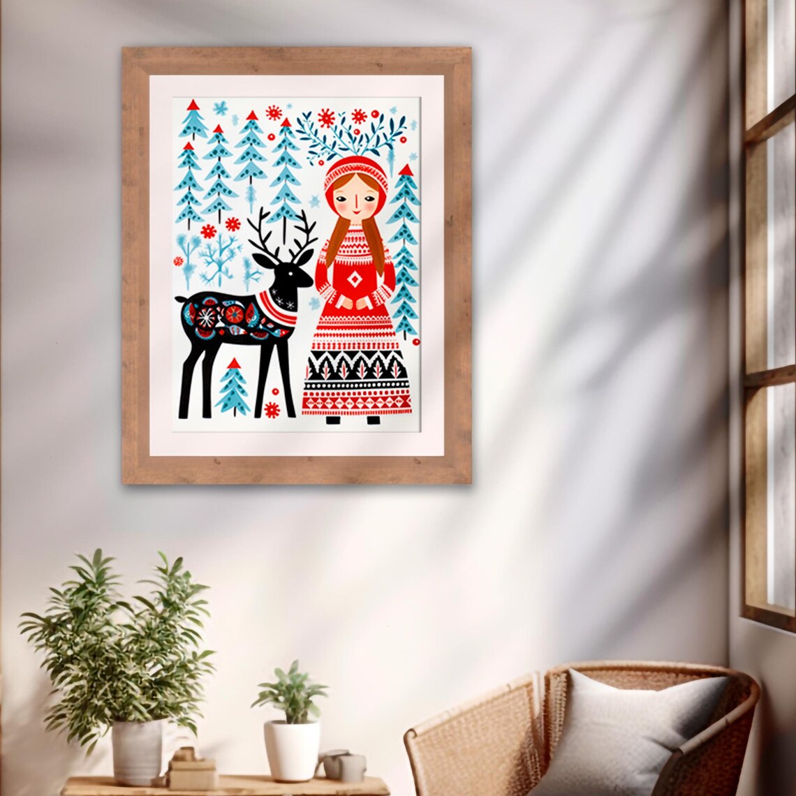 Scandinavian Folk Art Woman With Deer Winter Forest Red Dress Poster - Image 2